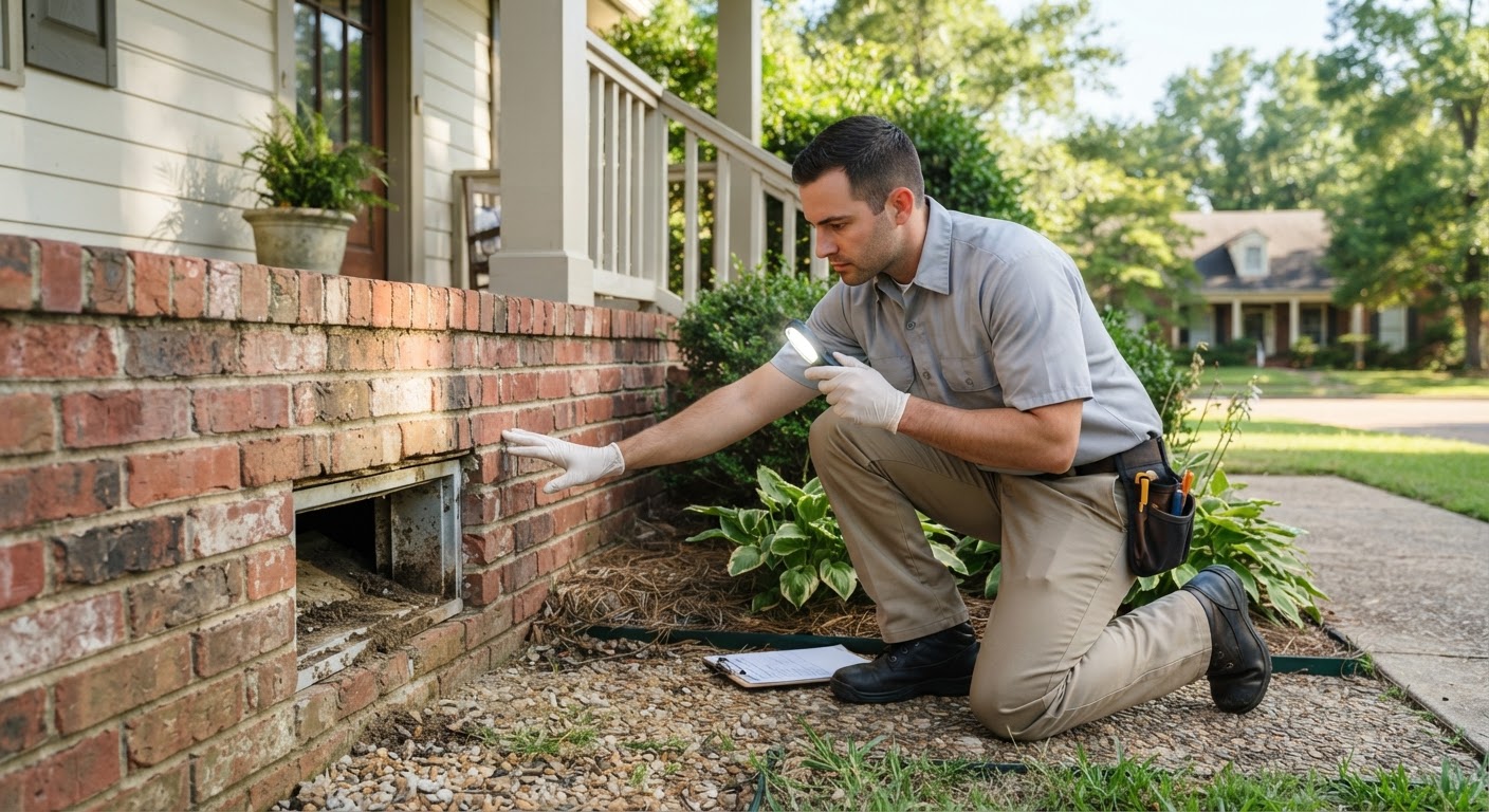 Pest control specialist inspecting the exterior foundation of a home in Jackson Mississippi
