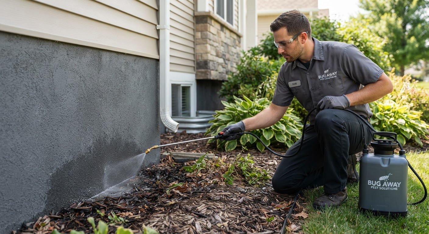 Pest technician applying perimeter defense treatment around residential siding