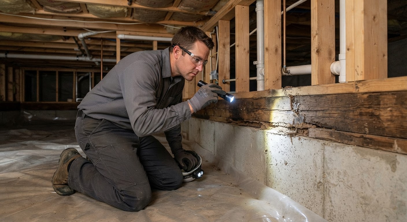 Technician inspecting structural wooden beams in a residential crawlspace for termites