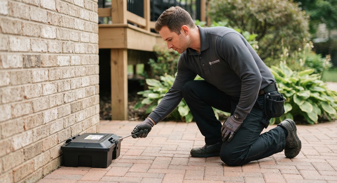 Pest management expert checking a secure rodent monitoring station near a home exterior
