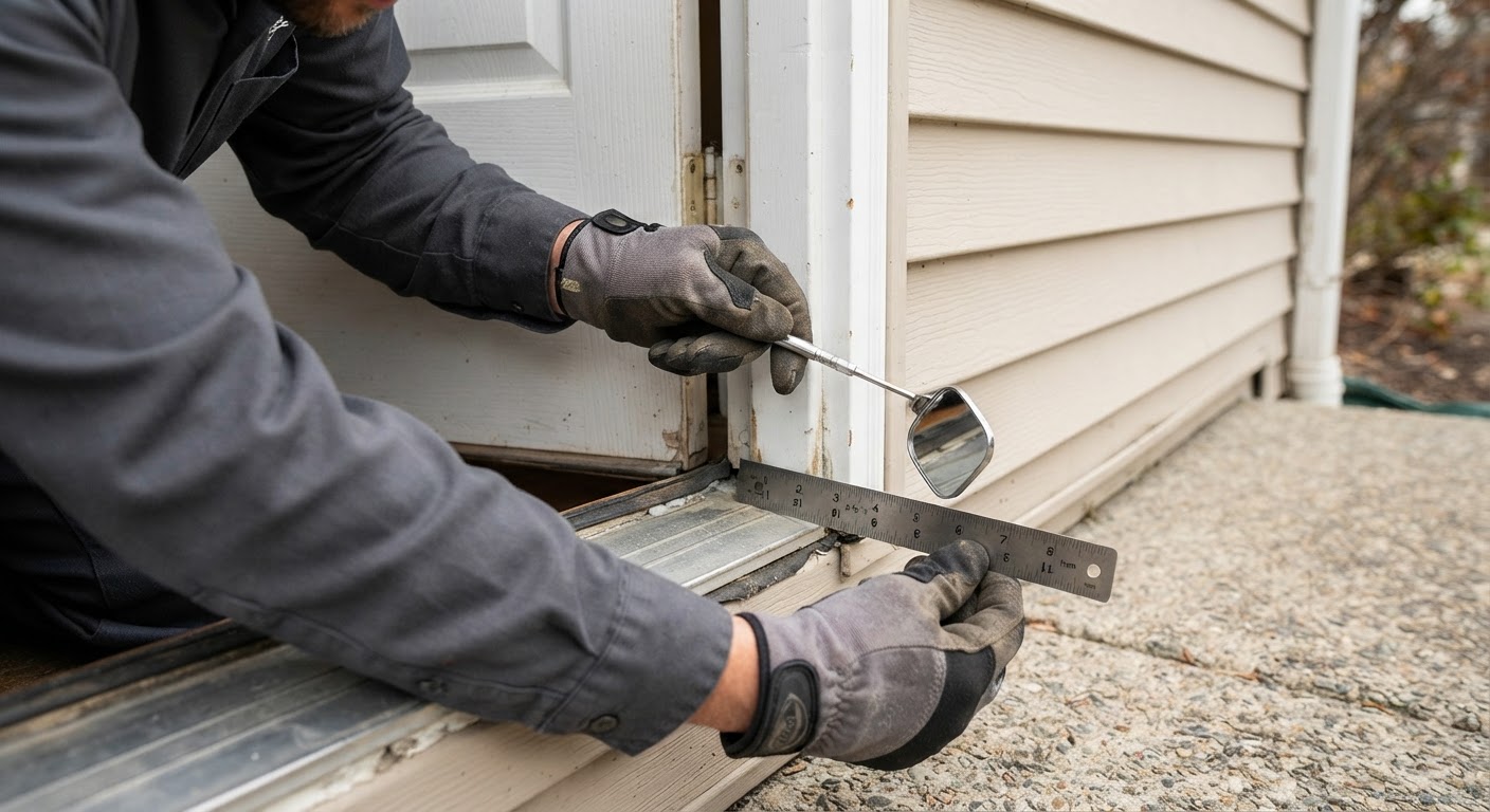 Close-up inspection of an exterior home door frame for insect entry gaps