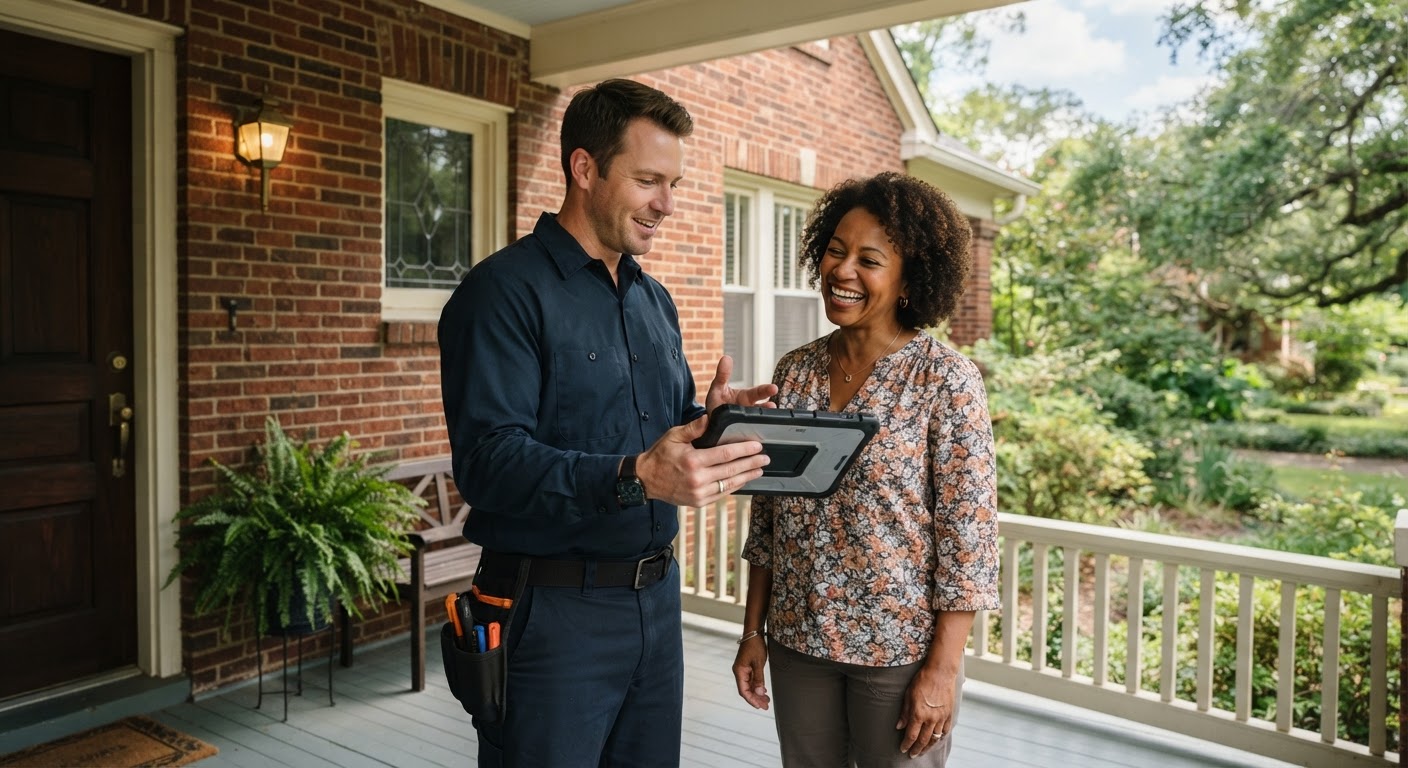 Pest technician reviewing inspection notes with a homeowner outside a Jackson residence