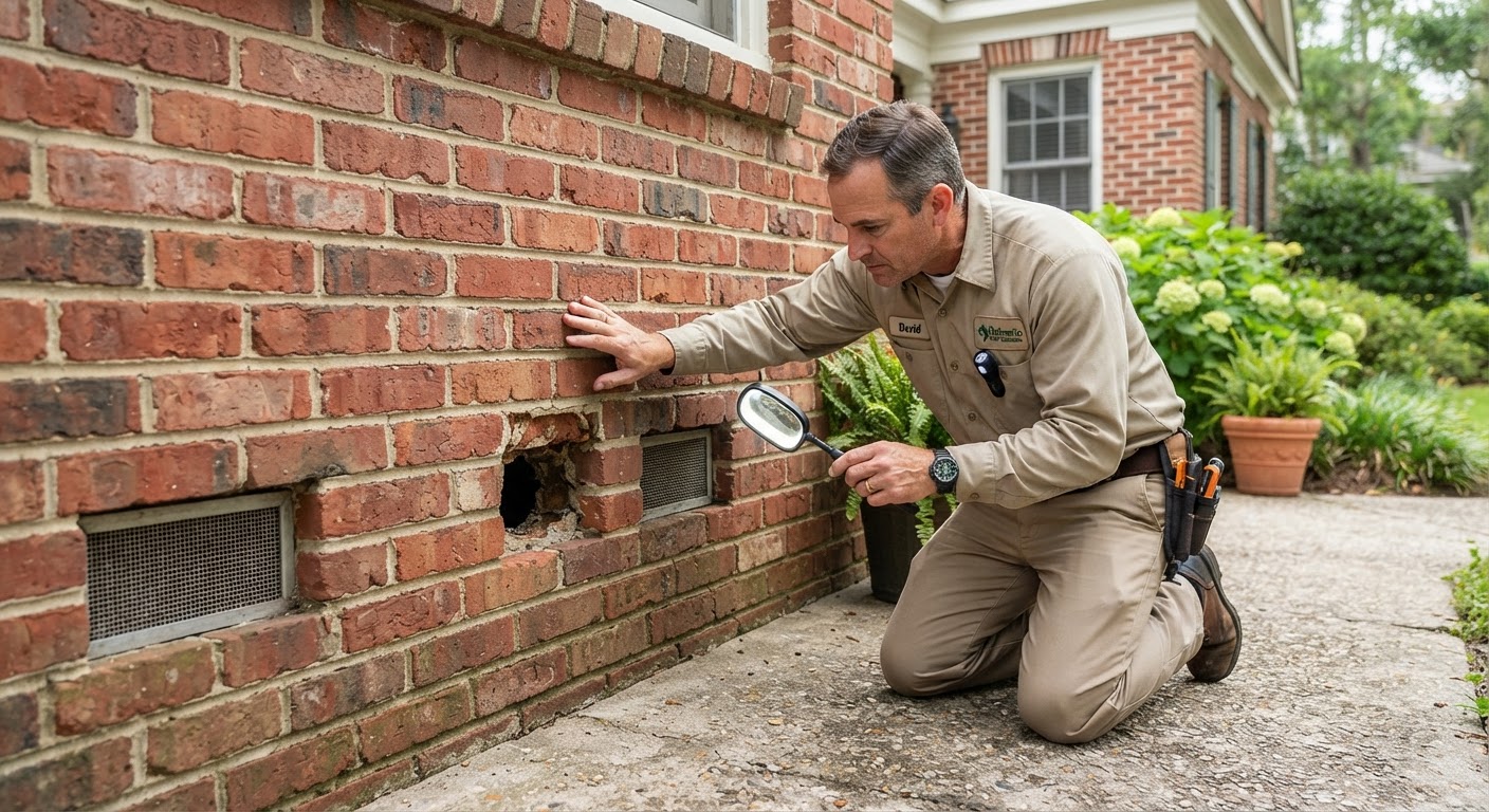 Technician inspecting brick weep holes and expansion joints on a house exterior