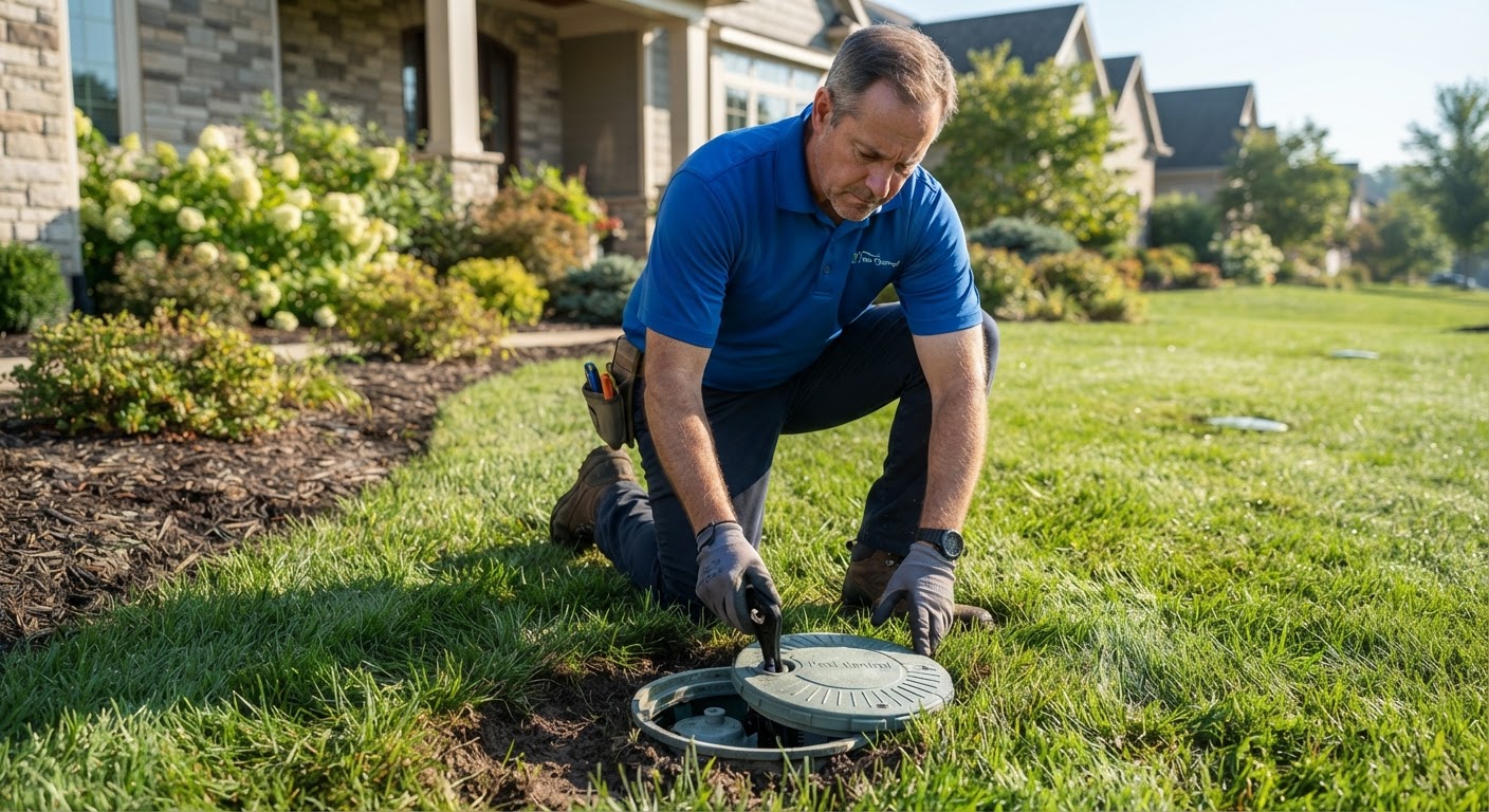 Pest control specialist checking termite monitoring bait station in residential lawn